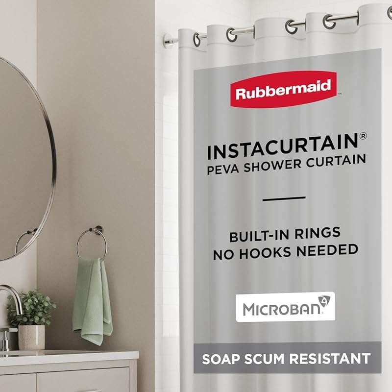 Rubbermaid INSTACURTAIN Hook-Free PEVA Shower Curtain, Heavyweight Wat