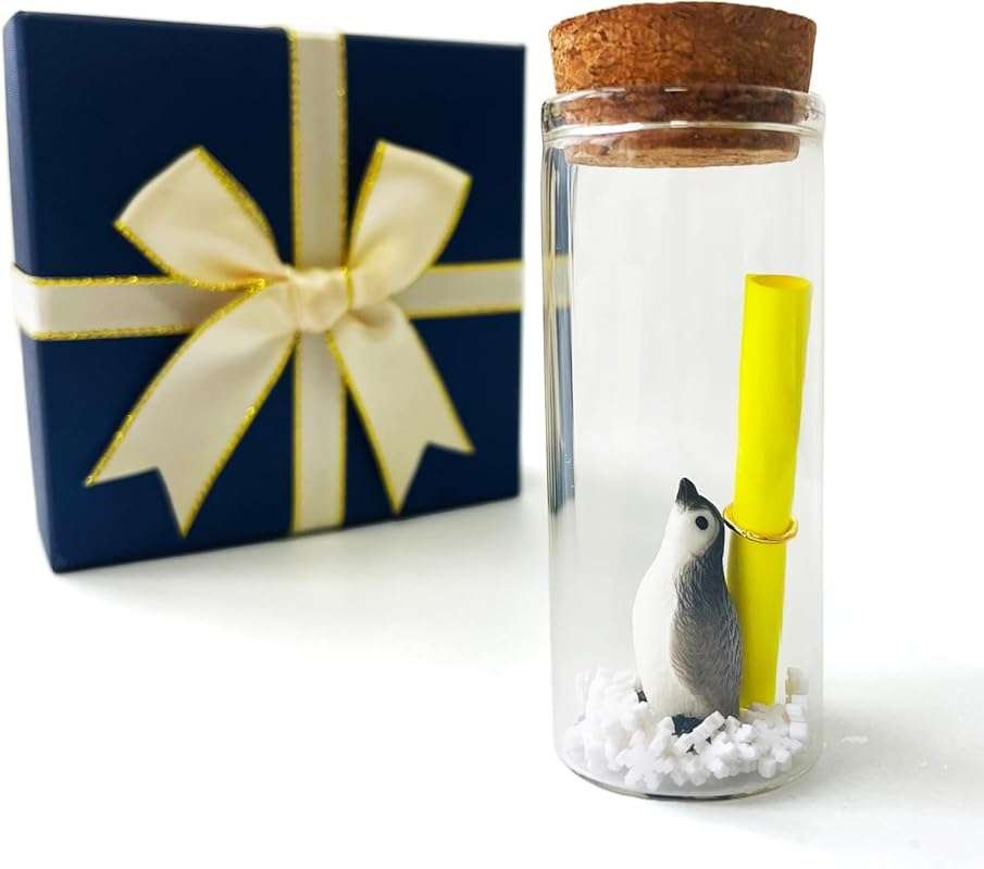 Romantic Message in a Bottle Gift with Penguin Figurine and Faux Snow