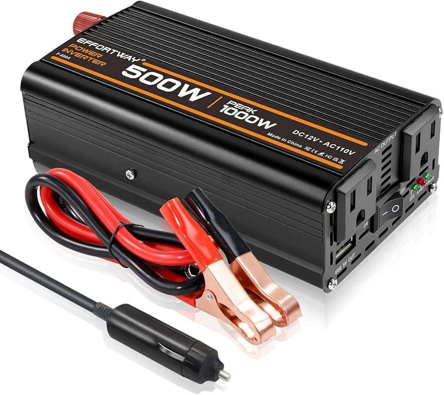 500W Power Inverter: 12V to 110V with 2 AC Outlets, USB Port & Battery