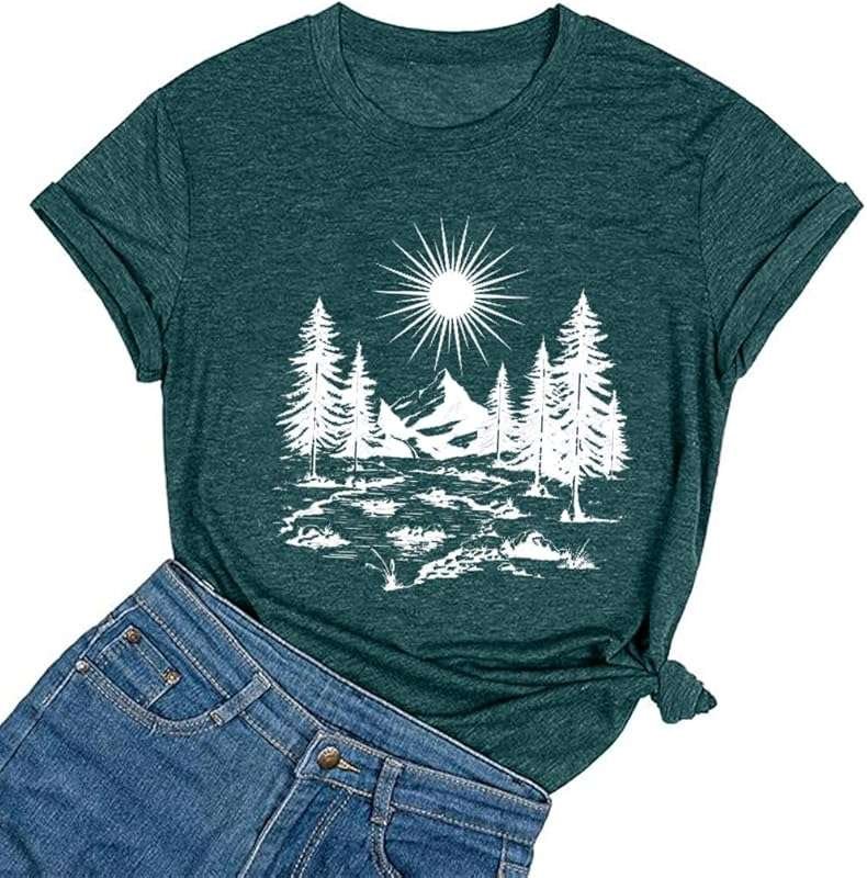 Women's Funny Nature Sunrise Mountain Graphic T-Shirt: Casual Summer A