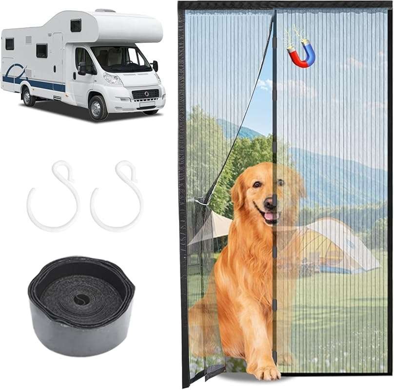 Magnetic RV Screen Door Mesh with Hooks, Black Mosquito Net for Camper