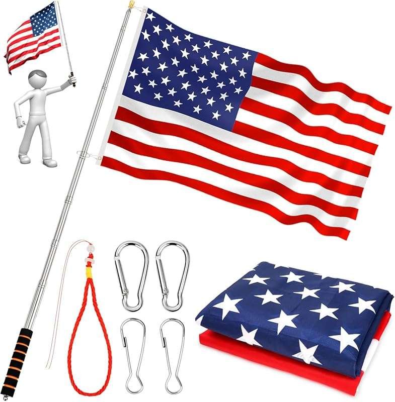Portable Hand Held Flagpole with 3'x5' American Flag & 4 Clips, 8.2Ft/