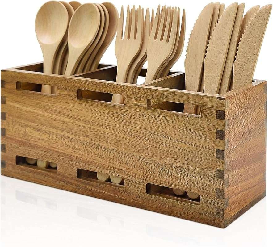 Farmhouse Wooden Utensil Caddy: Small acacia wood organizer for kitche