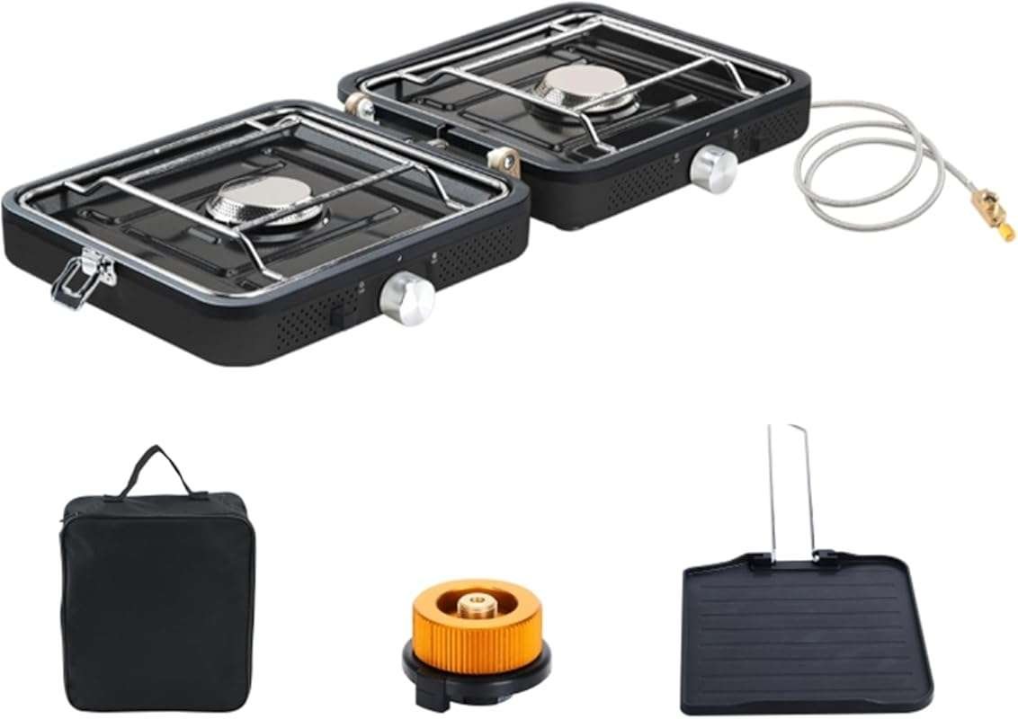 Black 2-Burner Portable Propane Camping Stove with 20000 BTU and Piezo
