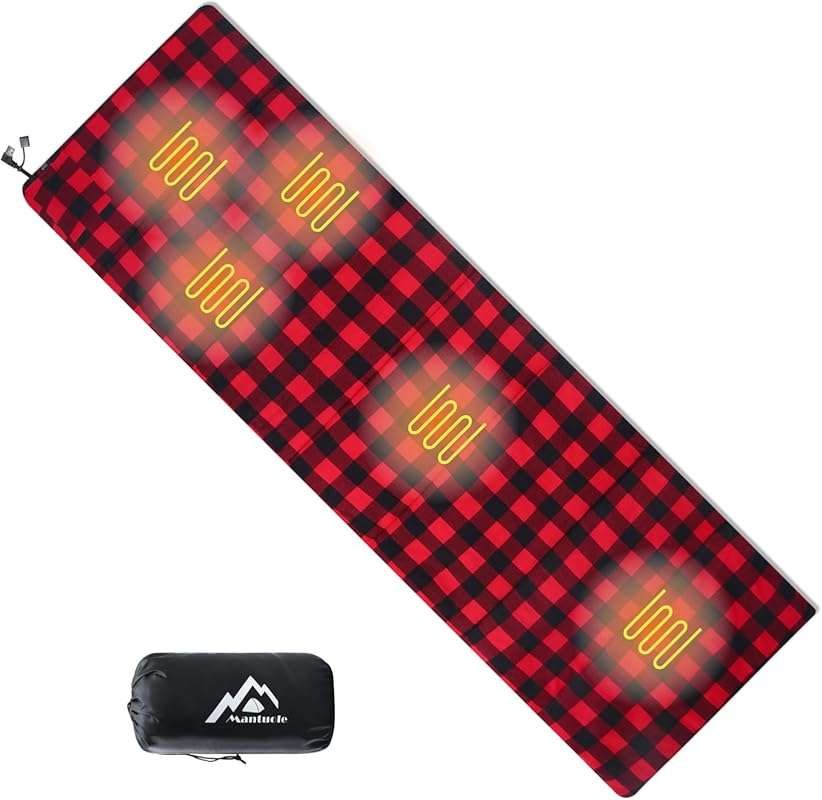 Heated Sleeping Bag Pad with Black & Red Flannel, USB 5V/2A Powered fo