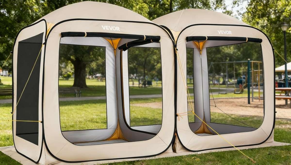 VEVOR 12x6ft 2-in-1 Pop-Up Screen House Tent - Dual Room Gazebo with Netting, Stakes, Beige