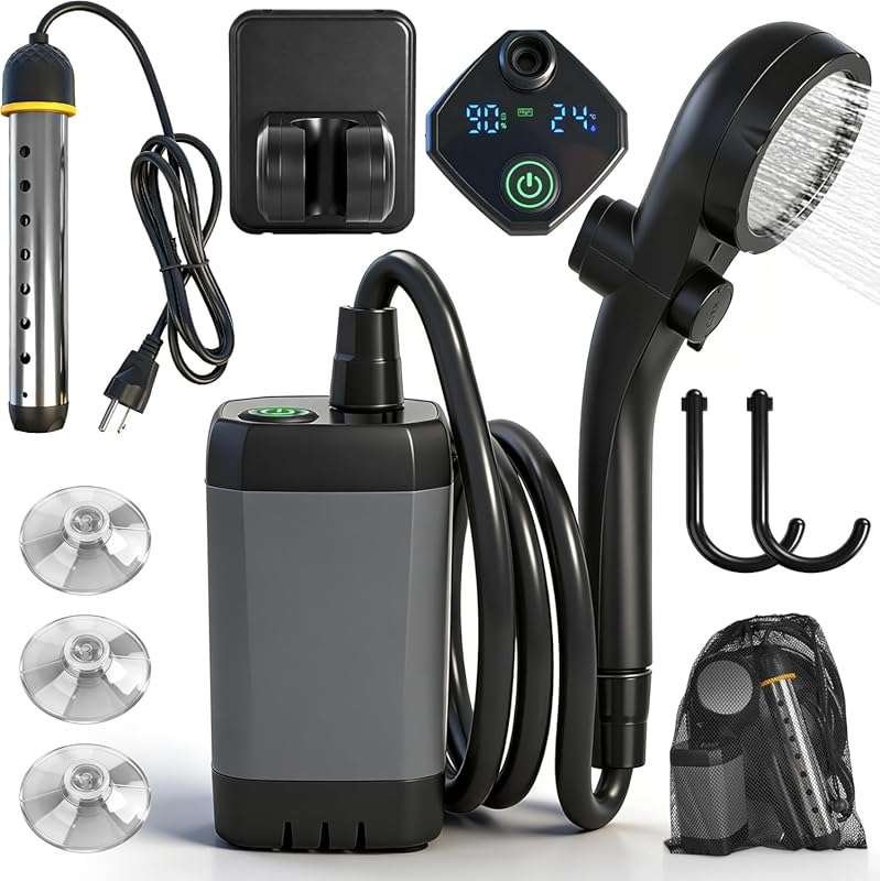 Portable Shower for Camping with Immersion Water Heater, 6000mAh Recha