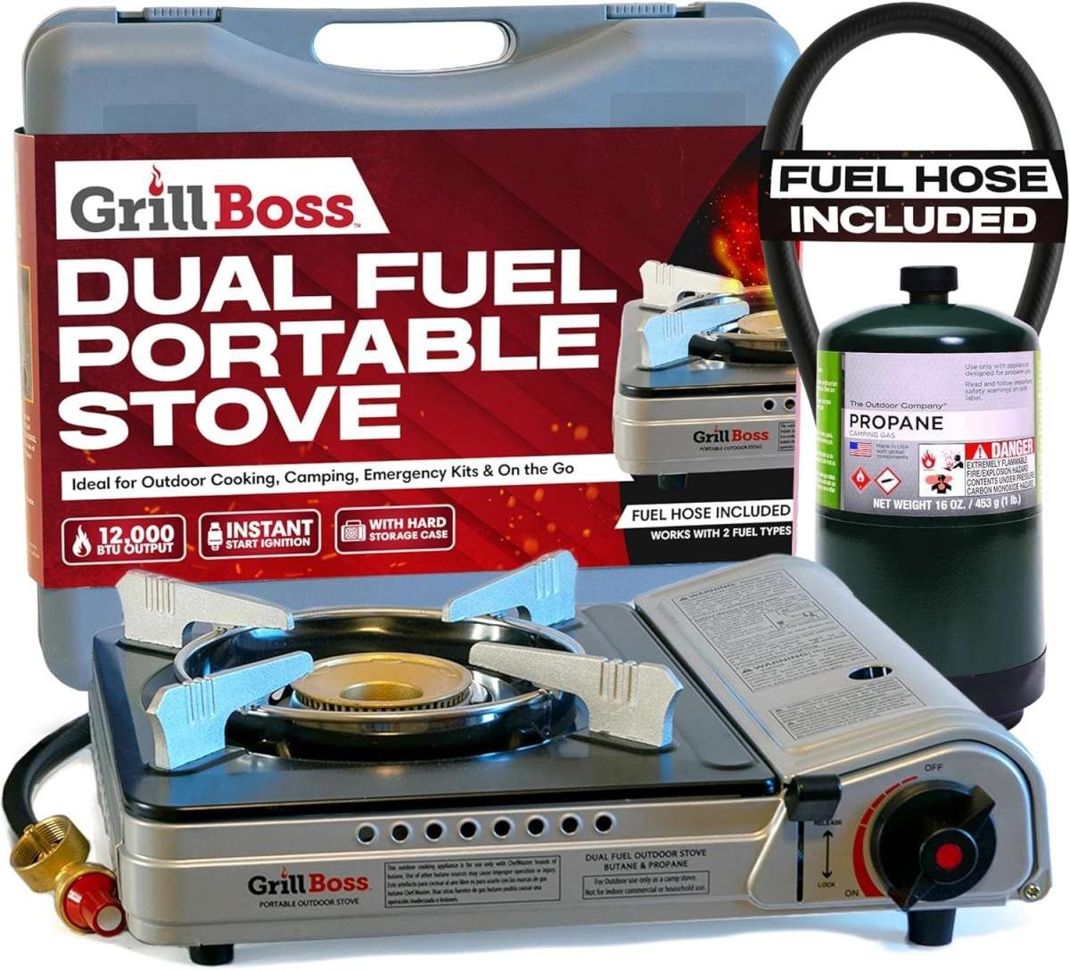 Grill Boss Dual Fuel Camp Stove - 12,000 BTU Butane & Propane Portable Stoves fo