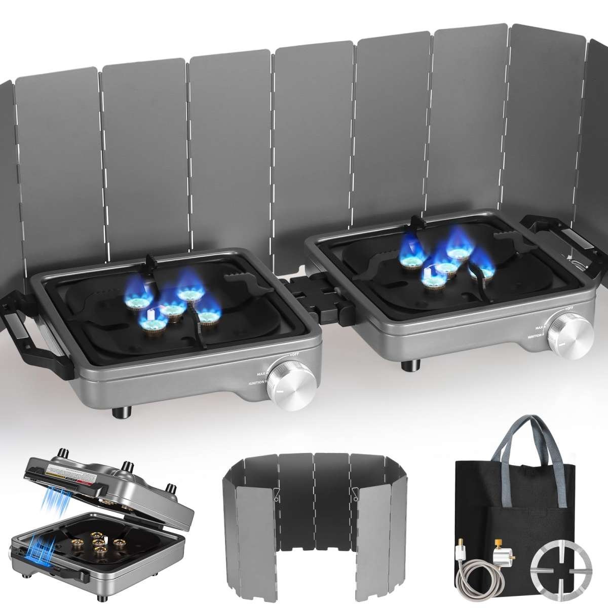 2 Burner Camping Stove with Windshield, 24000 BTU Propane Gas Stove,Portable Fol