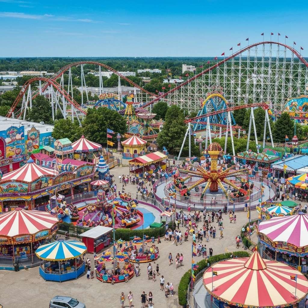 Generate a high-quality, relevant image prompt for an article about: 12 Amusement Parks Near Brantfo