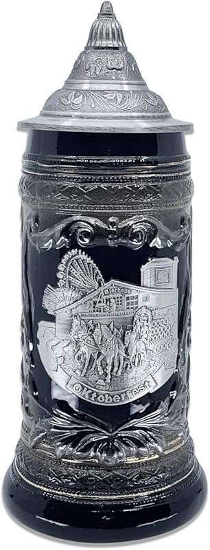 0.6 Liter OktoberfestHaus Ceramic Beer Stein with Metal Medallion, Ger