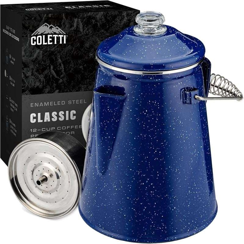 COLETTI Classic Blue Enamel 12-Cup Stovetop Camping Coffee Pot for Nos