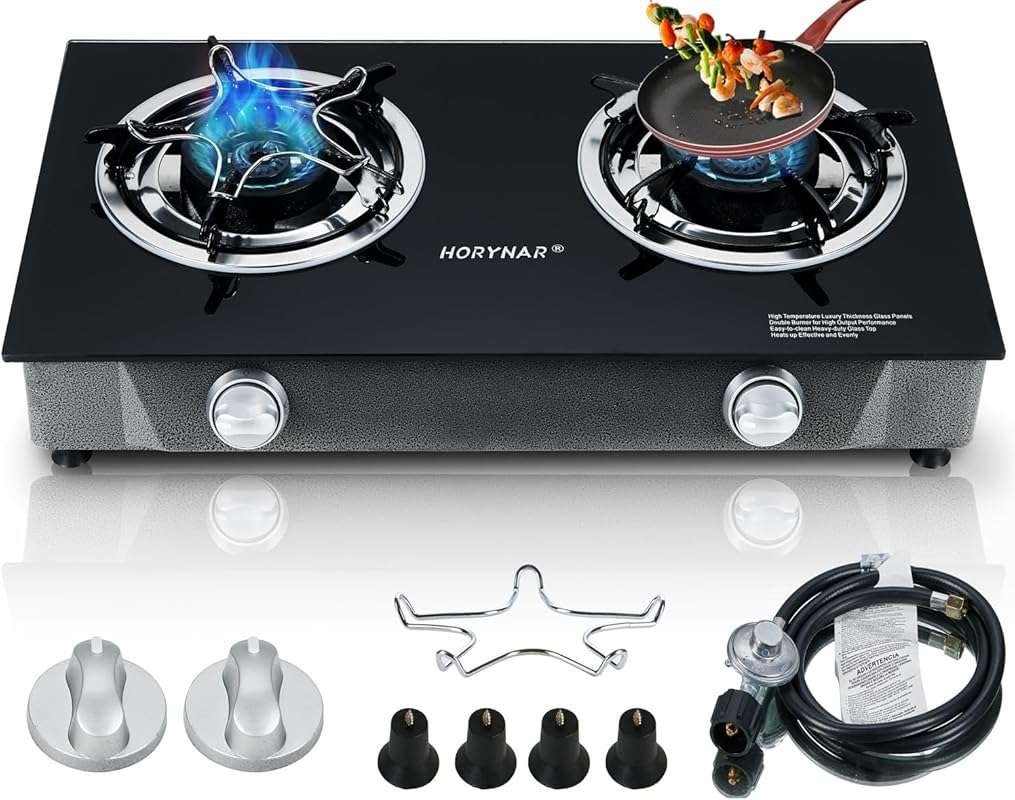 Propane Stove 2 Burner 26000 BTU Tempered Glass Gas Stove with Auto Ig