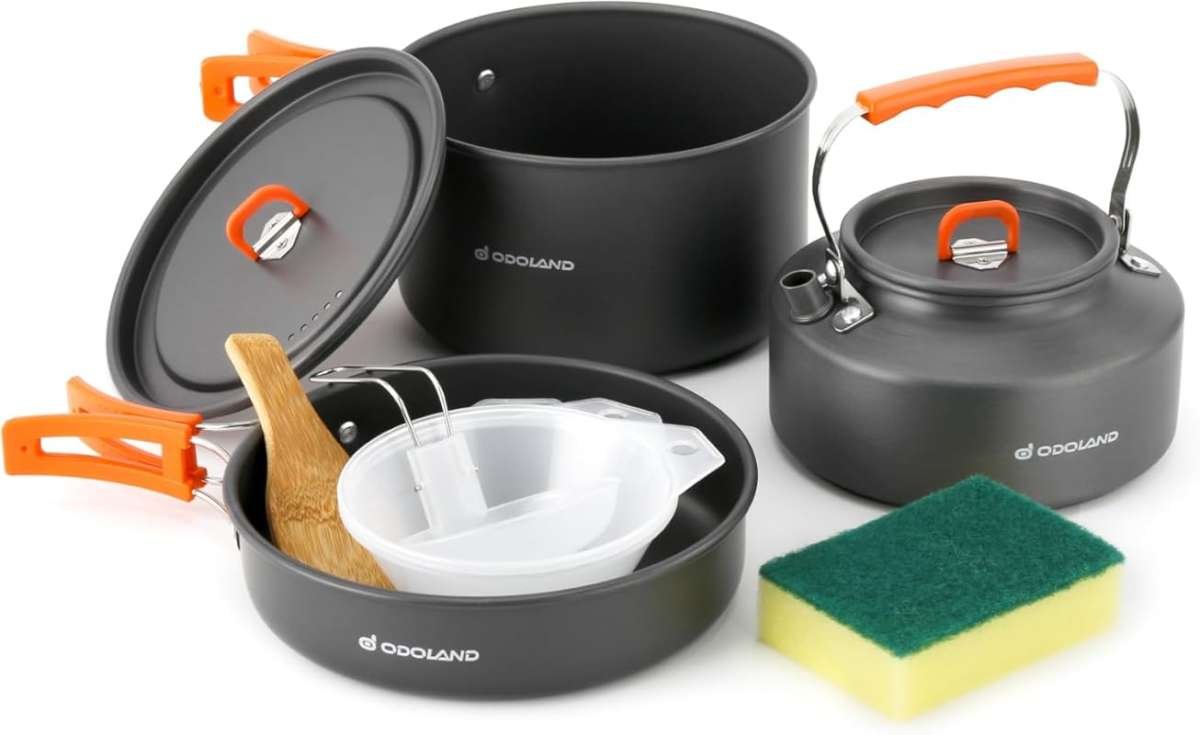 Odoland 10-Piece Camping Cookware Set: Pots, Pans, Kettle, Bowls, Spoo