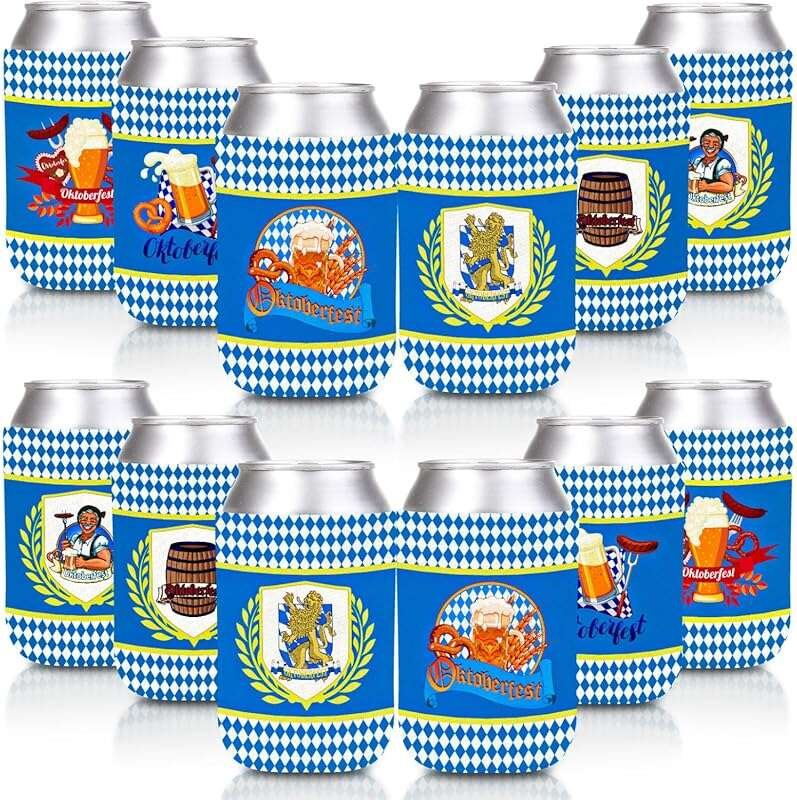 Whaline 12Pcs Oktoberfest Can Cooler Sleeves – Blue White Plaid Neopre