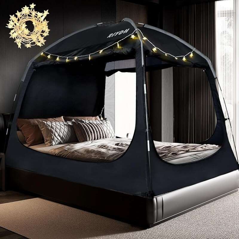 Large Twin/Full/Queen Bed Tent with 93% Light Reduction, String Lights