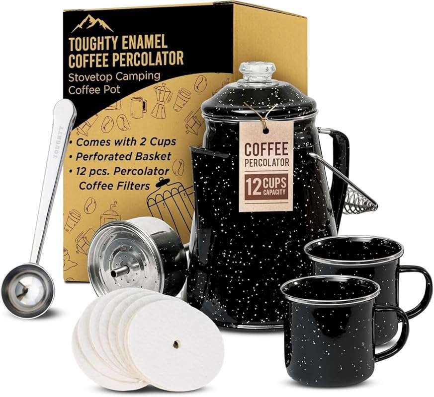 Toughty Vintage Black Enamel 2-Cup Stovetop Coffee Percolator for Camp