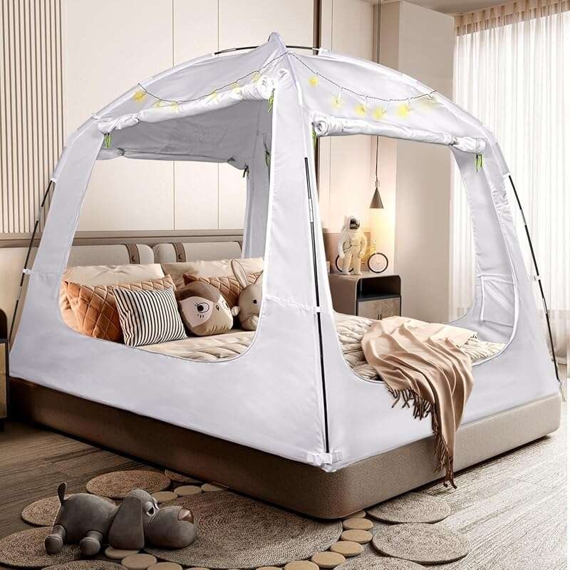 Queen Size Bed Tent with 80% Blackout, 4 Doors & String Lights for Kid