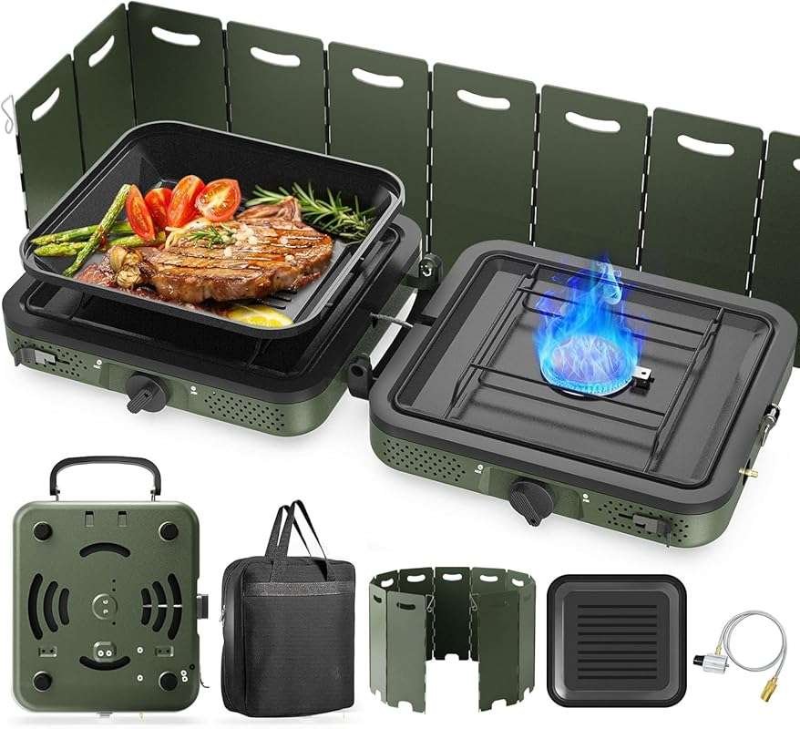 2-Burner Propane Camping Stove with Grill, Carry Bag & Windscreen