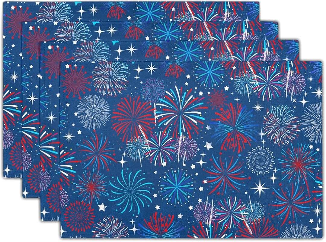 Kawani Patriotic 4th of July Placemats Set of 4, Red Blue Fireworks 12