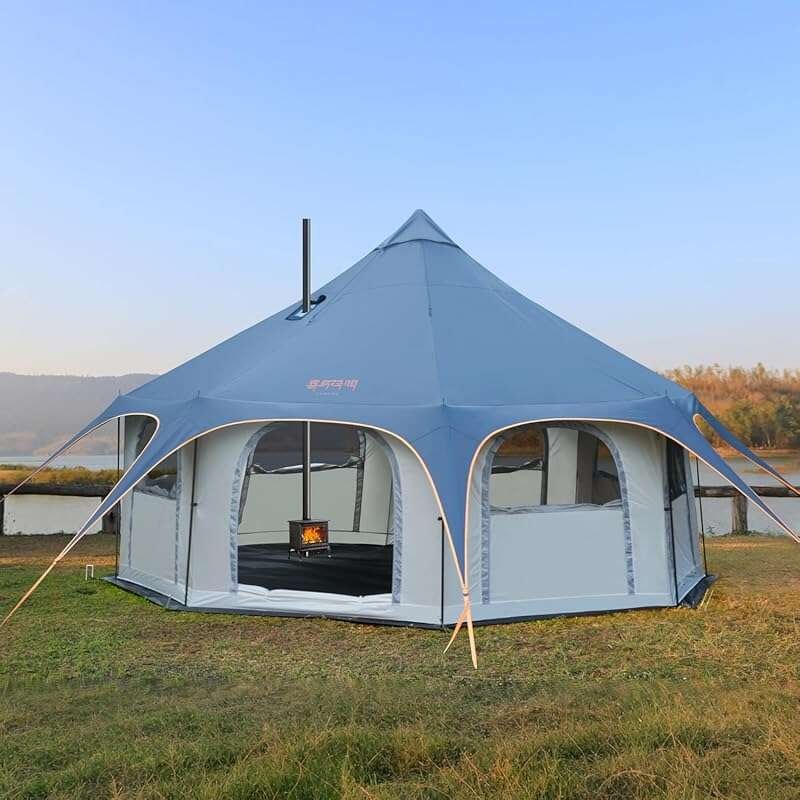 Waterproof 14.8x14.8x9.2ft 6-10 Person Bell Tent with Skylight & Steel