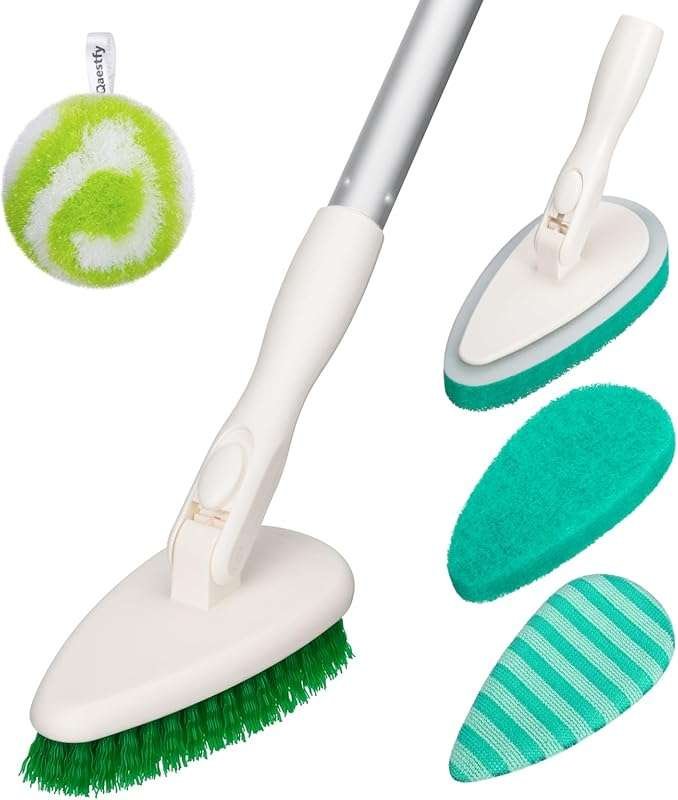 Qaestfy 4-in-1 Tub and Tile Shower Scrubber with Long Handle, Soft & S