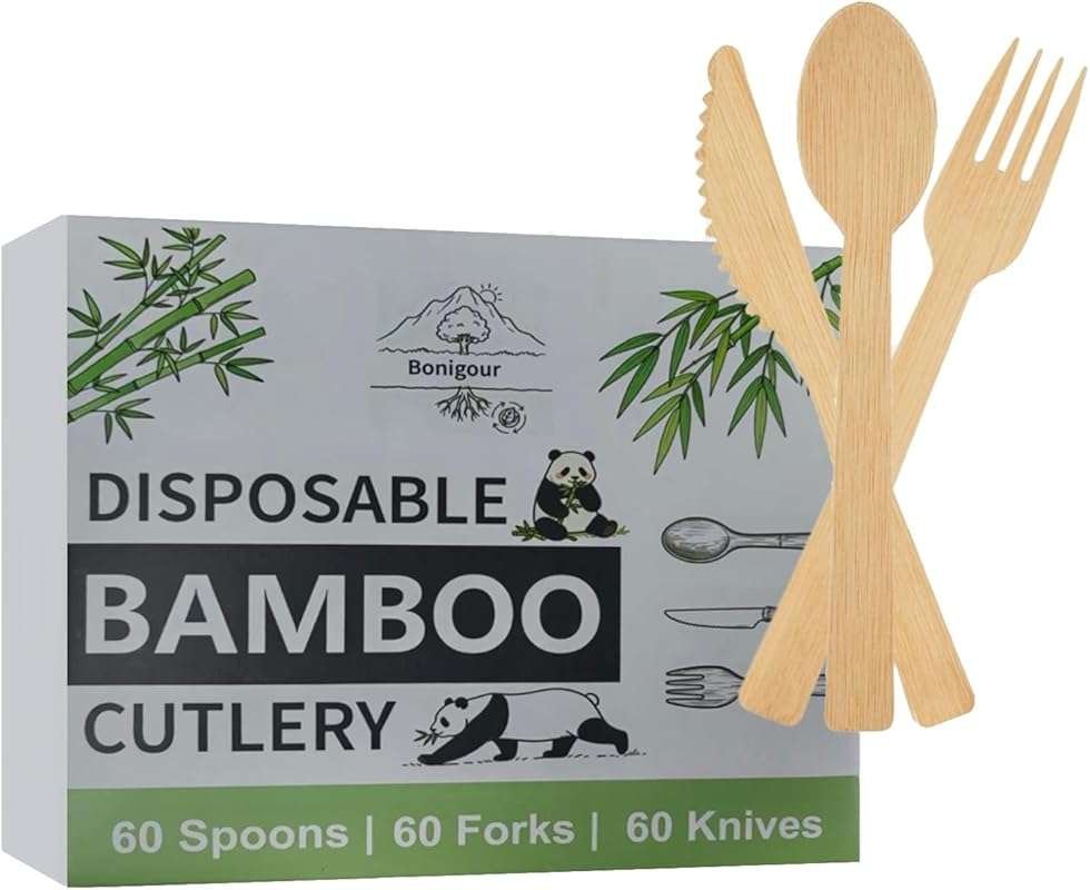 180-Piece Biodegradable Bamboo Cutlery Set – Forks, Spoons, Knives for