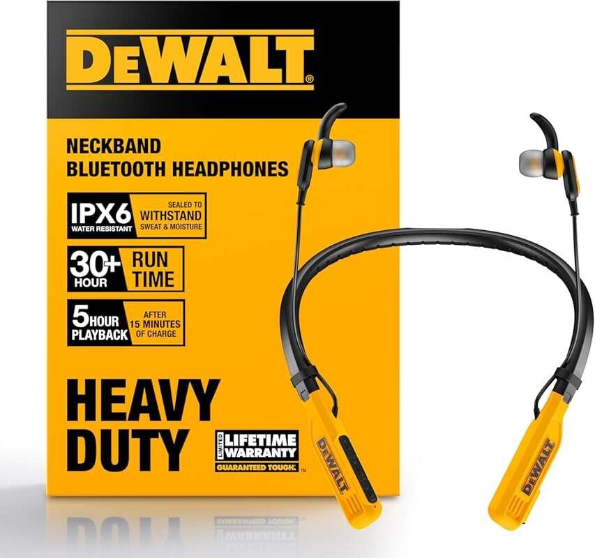 DEWALT Heavy Duty Bluetooth Neckband Headphones with 30H Runtime & Noi