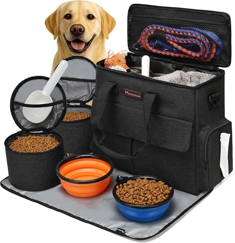 Modoker Dog Travel Bag Kit with Collapsible Bowls and Food Containers 