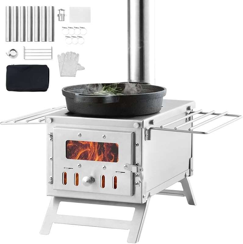 VEVOR Stainless Steel Camping Wood Stove with Chimney Pipes & Gloves f