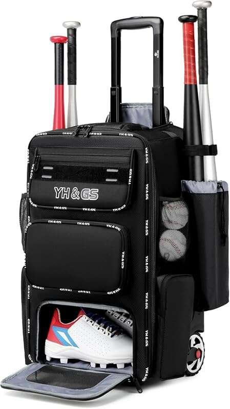 Lightweight Wheeled Baseball Bag with Fence Hook and Shoe Compartment 