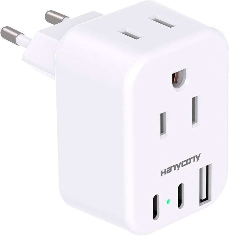 HANYCONY International Travel Plug Adapter with 2 Outlets and 3 USB Ports for Europe