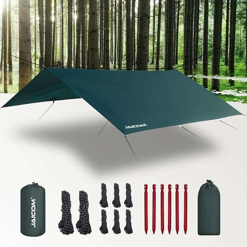 JAICOM Waterproof Camping Tarp - 10X10ft Ultralight & Portable Rain Fly with UV Protection for Outdoor Activities