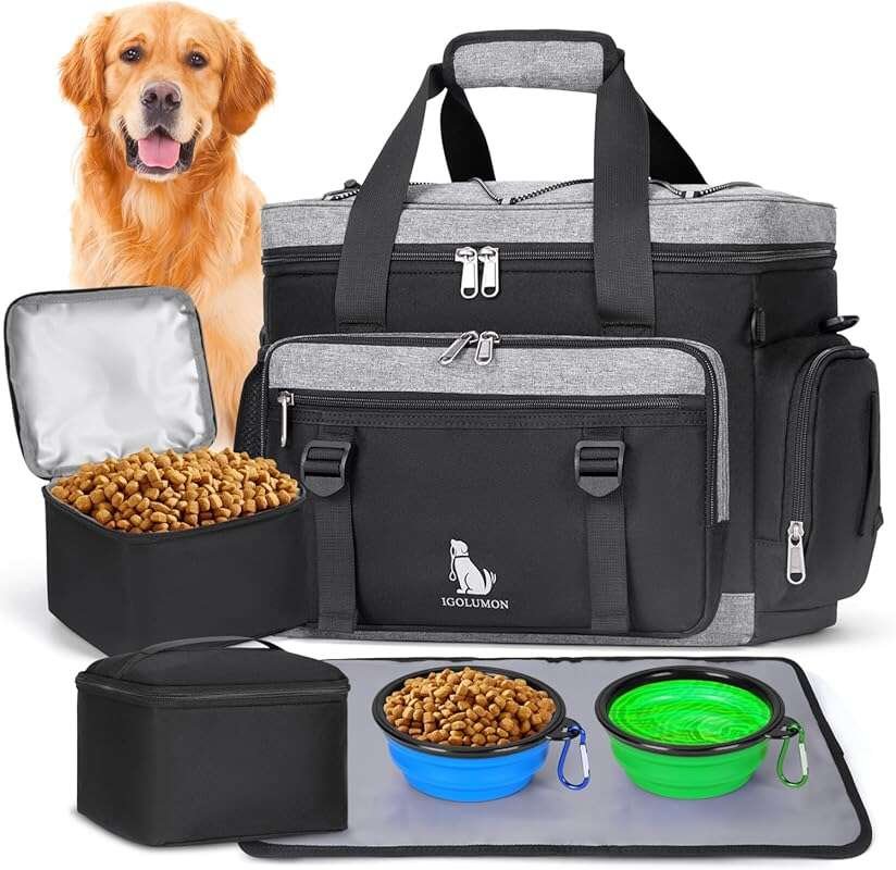 IGOLUMON Large Dog Travel Bag Set with Multi-Pockets, Food Containers,