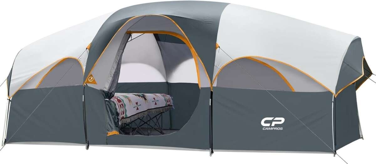 Durable CAMPROS CP 8-Person Camping Tent, Double Layer, Divided Curtain, Portable Design