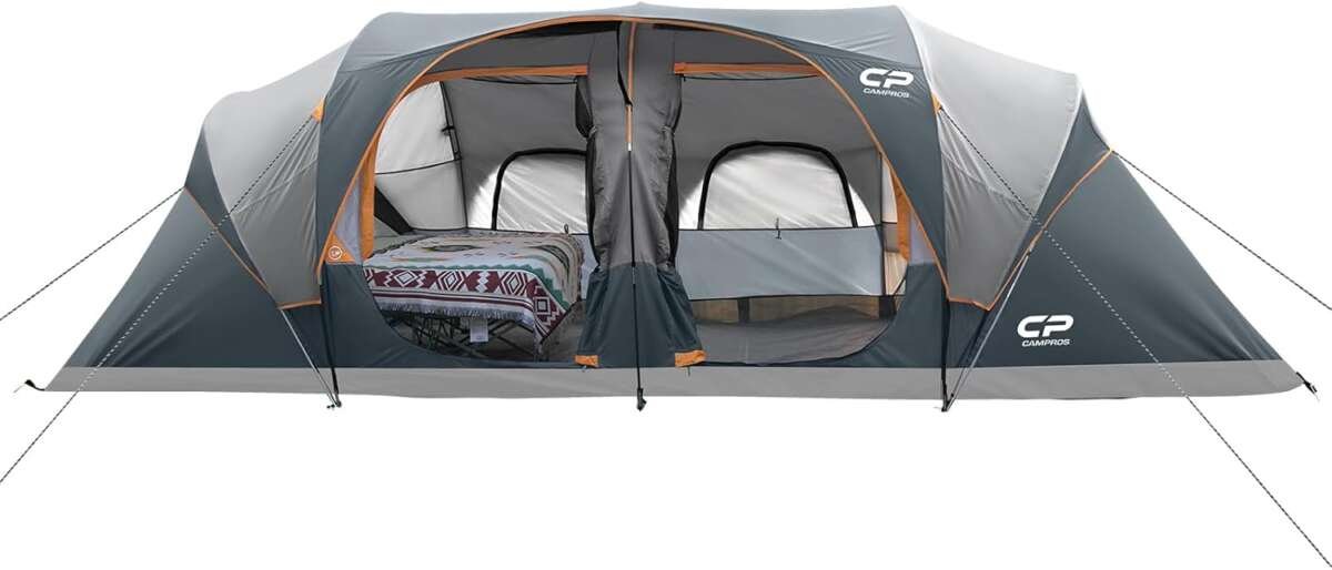 CAMPROS CP 12-Person Waterproof Family Tent, 3 Rooms, Easy Setup, 6 Mesh Windows