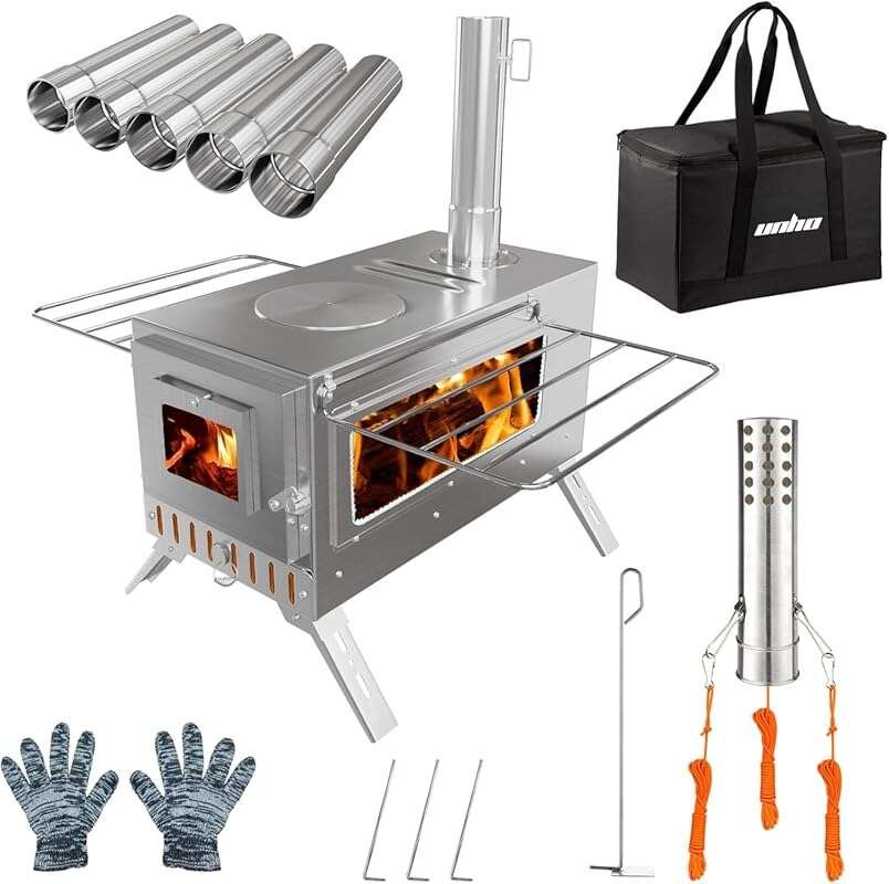 Unho Hot Tent Stove, Portable Wood Stove with 6 Stainless Steel Chimne