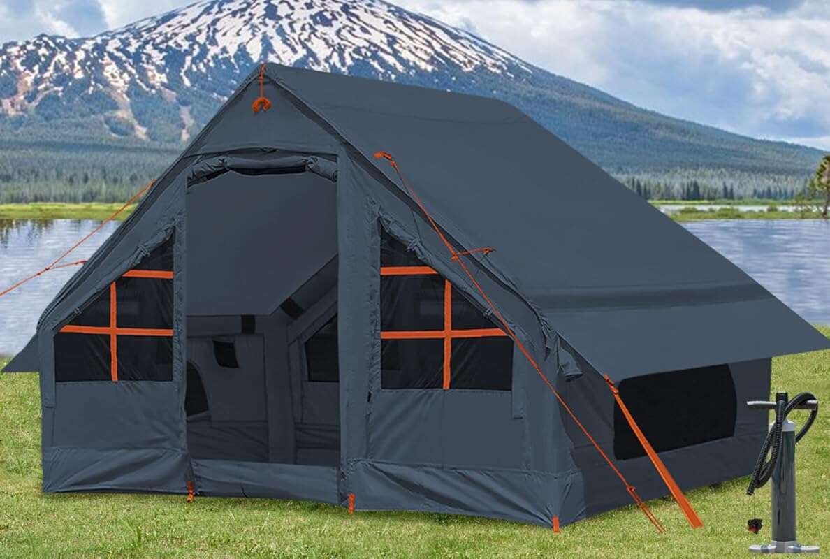 Inflatable 4-Season Camping Tent with Stove Jack & Awning, Quick Setup