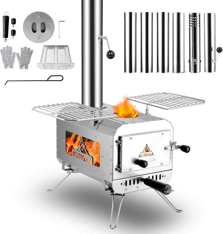 Compact Portable Wood Burning Tent Stove with 6 Chimney Pipes, Perfect