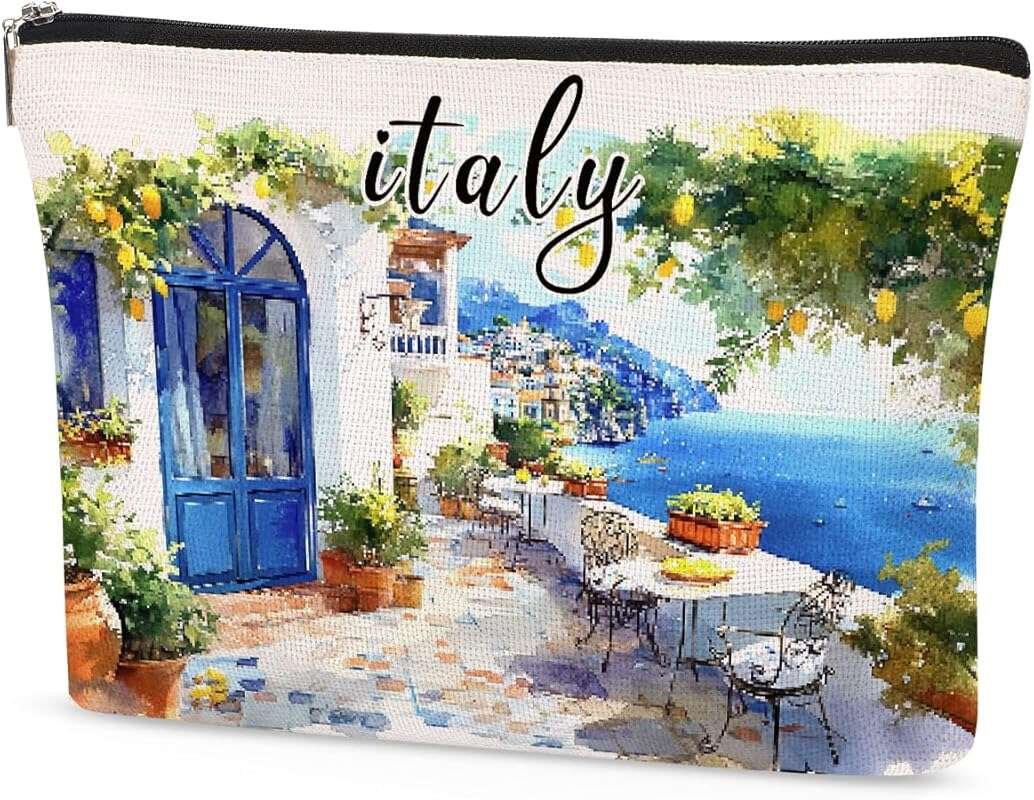 Waterproof Linen Makeup Bag - Italy Themed Gifts for Women and Travele