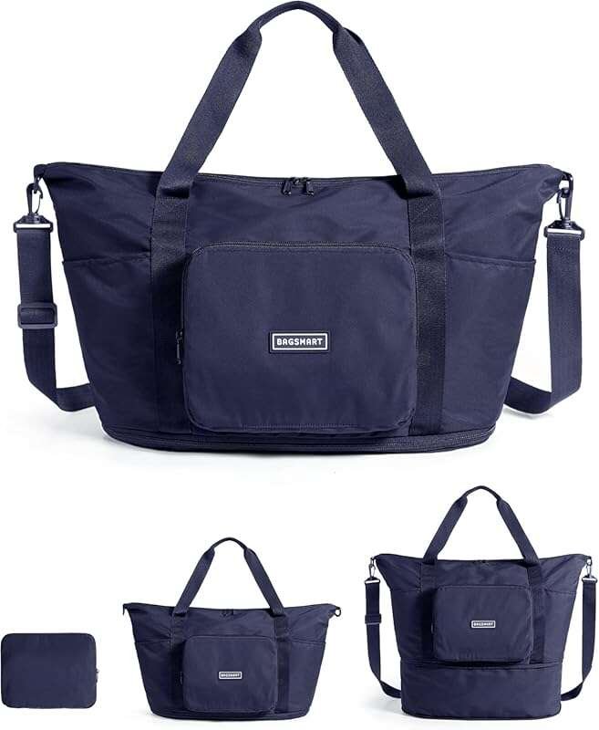 BAGSMART 37L Foldable Travel Bag, Lightweight Water Resistant Weekender for Women in Navy Blue