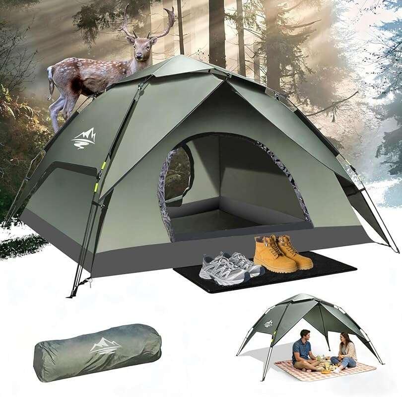 Instant Pop Up Camping Tent for 2/3/4 Persons, 40s Setup with Waterproof Rainfly