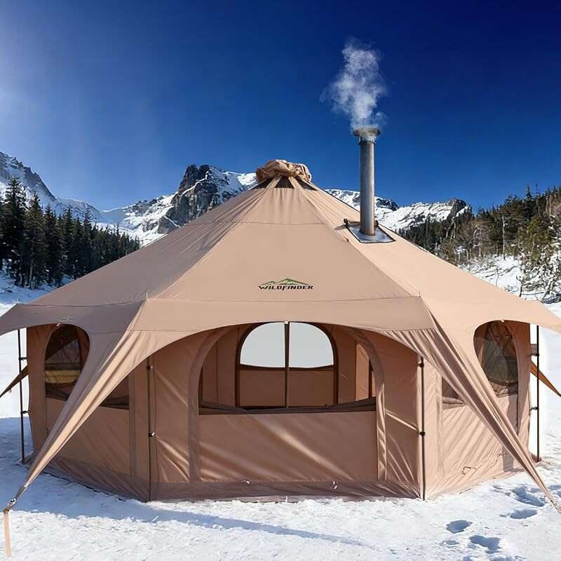 WildFinder 16.5ft Waterproof Canvas Bell Tent with Stove Jack, 4-Season Glamping Tent with 8 Mesh Windows
