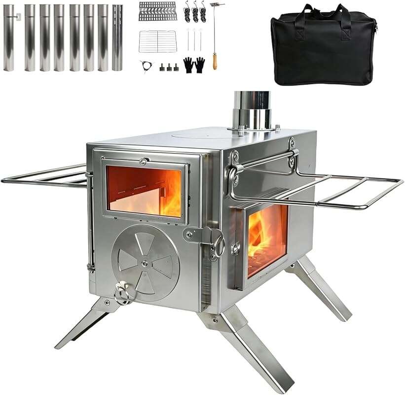 Portable Hot Tent Wood Stove, 304 Stainless Steel with Foldable Legs &